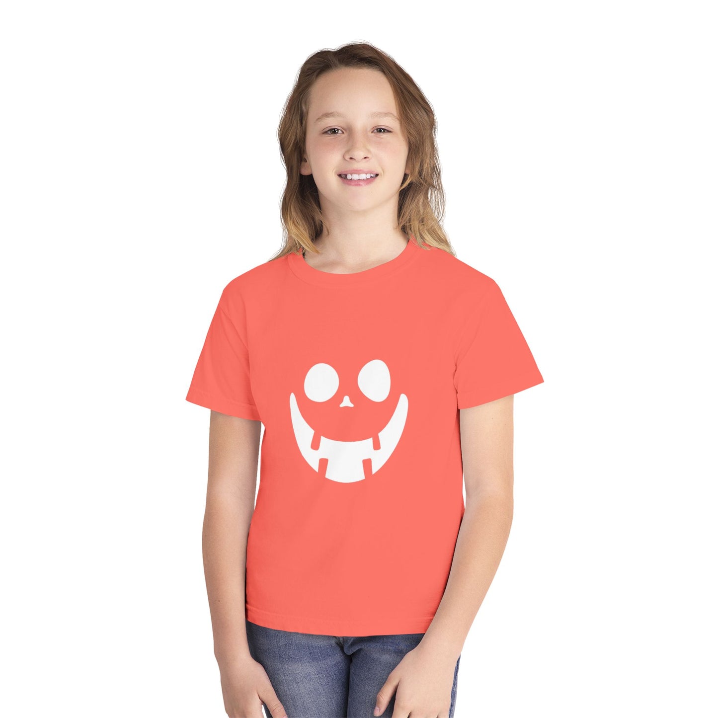 Youth Midweight Tee with Playful Face Design (White)
