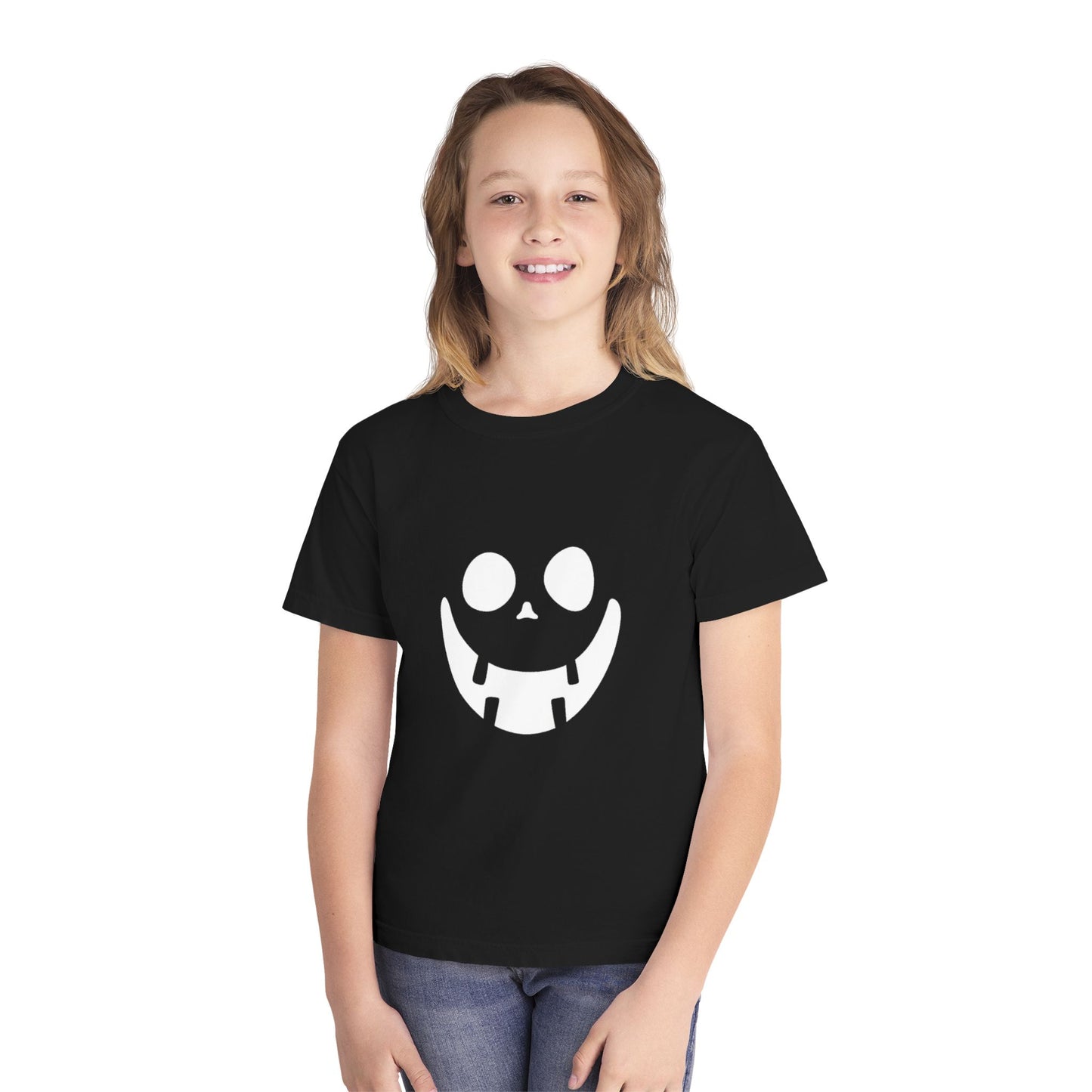 Youth Midweight Tee with Playful Face Design (White)