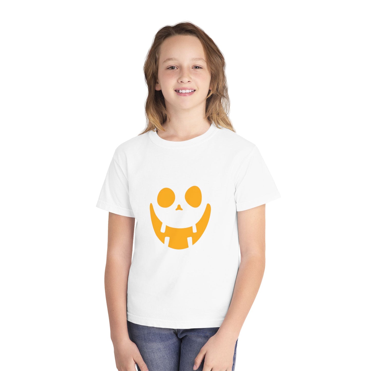 Youth Midweight Tee with Playful Face Design (Orange)